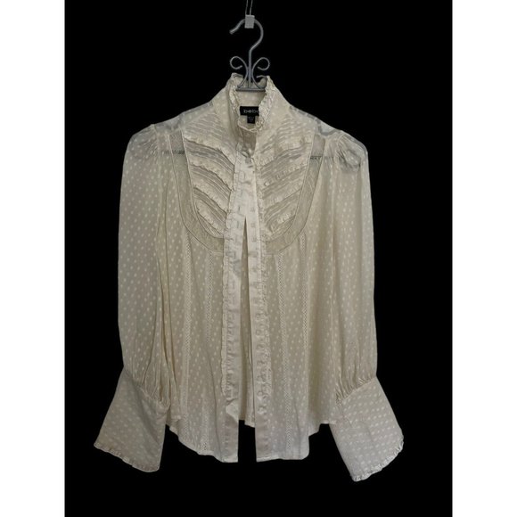 Vintage Bebe Women's Ruffle Button-Up Long Sleeve Blouse Ivory - Size XS - Picture 3 of 9